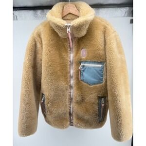 Coach Solid Sherpa Zip Up Fleece Jacket Off White Tan Pink Blue Size Small EUC